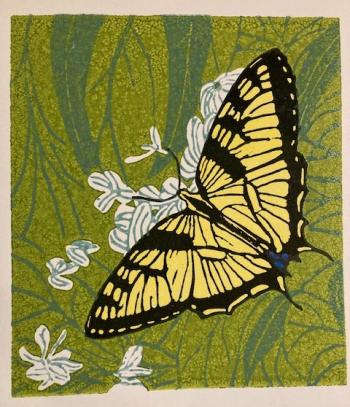 Swallowtail, Woodcut, 8 x 9”, by Sumner Roberts. (Photo courtesy Local Color Gallery)
