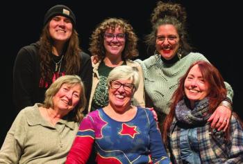 Cast of Waldo Theatre production of The Vagina Monologues cast. Rear: Violet Ferlito, Emma Theobalds, Susan LaVerdiere, Front: Chris Essler, Susan Hodder, Christine Andersen. Missing: Lara Rakocevic. (Photo courtesy Waldo Theatre)