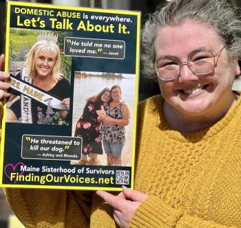 Ashley Vissers holds the poster featuring her and her mother. On March 12, Ashley joined four other domestic abuse survivors in Belfast, where 20 businesses said YES to displaying the posters. (Photo by Patrisha McLean) Ashley Vissers holds the poster featuring her and her mother. On March 12, Ashley joined four other domestic abuse survivors in Belfast, where 20 businesses said YES to displaying the posters. (Photo by Patrisha McLean)