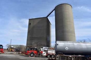 Firefighters respond to a fire inside an unused grain silo in Rockland, Saturday, March 22, 2025. (Photo by Sarah Thompson)