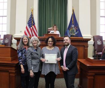 Front row, l-r: Rep. Karen Montell, D-Gardiner, Rep. Vicki Doudera, Anna Carpenter and House Speaker Ryan Fecteau. Back row: Rep. Kathy Javner, R-Chester. (Photo courtesy Maine Legislature House Democratic Office)
