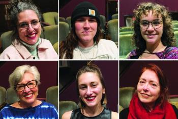Vagina Monologues cast. Top row: Susan LaVerdiere, Violet Ferlito, Emma Theobalds. Bottom row: Susan Hodder, Lara Rakocevic, Christine Andersen. (Photo courtesy Waldo Theatre)