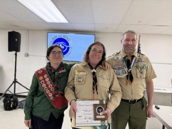 District Award of Merit recipient Yvette Robichaud Bernier with her daughter Paige Spears and husband Christopher Bernier. Paige is a member of Scouts Canada and earned Scout Canada’s Chief Scout Award. Chief Scout is the highest rank in the Scouting section of Scouts Canada, making it equivalent to Eagle Scout in Scouting America or Gold Award in Girl Scouts. (Photo courtesy Chuck Mahaleris) District Award of Merit recipient Yvette Robichaud Bernier with her daughter Paige Spears and husband Christopher Bernier. Paige is a member of Scouts Canada and earned Scout Canada’s Chief Scout Award. Chief Scout is the highest rank in the Scouting section of Scouts Canada, making it equivalent to Eagle Scout in Scouting America or Gold Award in Girl Scouts. (Photo courtesy Chuck Mahaleris)