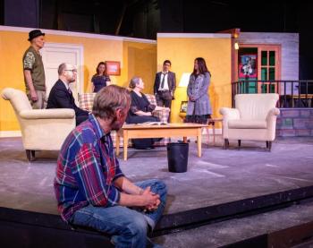 Front: Mark Durbin ("Joe") looks on as his guests: (l-r) Steve (Eric Sanders), Walter (Rob Bywater), Kenni (Courtney Hawkins), Ginger (Giz Coughlin) and son Christopher (Tom Lott) confront his wife, Becky (Katie Glessner). Set designed by Christopher Moore. (Photo by Gwyneth Sauvage)