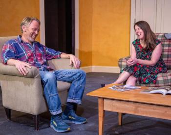 (l-r) Mark Durbin ("Joe") and Katie Glessner ("Becky") rehearse a scene from "Becky's New Car" at the Basil Burwell Community Theater in Belfast. (Photo by Gwyneth Sauvage)
