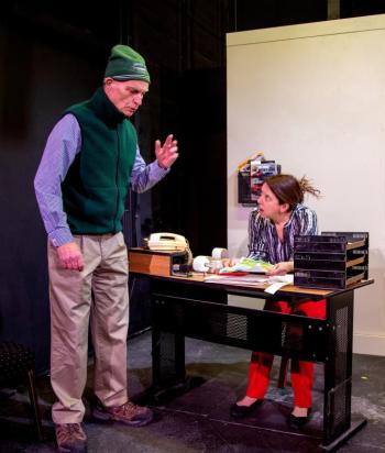 Steve (Eric Sanders, left) and Becky (Katie Glessner) chat in her office. (Photo by Gwyneth Sauvage)