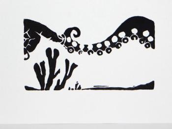 Book cover to the inaugural edition of the Midcoast Poetry Journal is "A Curious Encounter" woodblock by artist/poet Alaina Zyhowski.