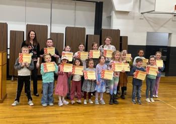 Honesty Award Winners: Kayden Barnard, Juleigha Eustis, Izalea Donnell-Mclean, Adelaide Walsh, Vivien Hedstrom, Lettie Robinson, Lily Hatch, Ruby Benedict, Gabe Ross, Ryleigh Gagnon. Back: Principal Ainslee Riley, Brycen Carr, Alyce Hare, Alyvia Baughman, Autumn Morin, Evelyn Robertson, Andrew Smith, Kaiya Clements, Skylar Haynes. (Photo courtesy Thomaston Grammar School)