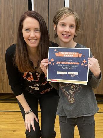 Autumn Morin receives the Principal’s Award from Principal Ainslee Riley. (Photo courtesy Thomaston Grammar School)