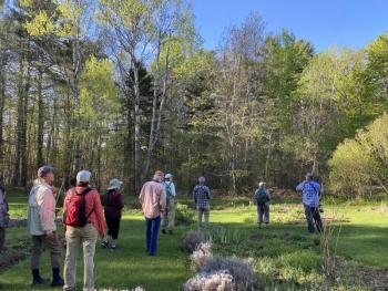 Susan Keefer, Steve Norris and Eddy Edwards lead a walk at Merryspring Nature Center.  (Photo courtesy Friends of Maine Coastal Islands National Wildlife Refuge)