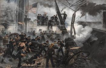 “Battle of Mobile Bay” painted by Louis Prang. At left foreground is the CSS Tennessee; at the right the USS Tecumseh is sinking (Image in Public Domain, from the Library of Congress)
c