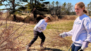 AmeriCorps fellows Ellie Hughes (right) and Lily Sternberg remove rose branches from cow grazing pastures as part of an all-cohort day of service at Wolfe’s Neck Educational Farm in Freeport. Hughes is one of 12 Resilience Corps fellows in Maine facing an uncertain future after cuts to AmeriCorps by the Trump administration. Photo by Julia Breul. two americorps volunteers