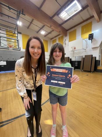 Norah Smith receives the Principal’s Award from Mrs. Riley. (Photo courtesy Thomaston Grammar School)