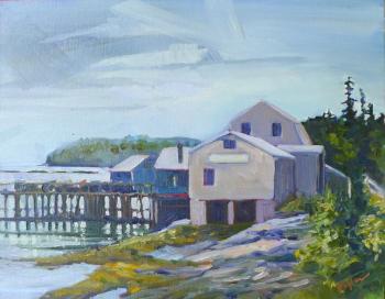 Lobster pound at Tenant’s Harbor, 14X18, oil on archival canvasboard. (Photo courtesy Carol L. Douglas)