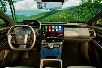 For better visibility, the Solterra’s unique raised instrument panel appears to the driver above the squared-off steering wheel. As befits an EV, the Solterra offers a multitude of electronic functions and apps plus ample connectivity. The gear selector may be the simplest out there: Push down on the center knob and click it left or right for Drive or Reverse. Selecting Park automatically engages the e-brake. For better visibility, the Solterra’s unique raised instrument panel appears to the driver above the squared-off steering wheel. As befits an EV, the Solterra offers a multitude of electronic functions and apps plus ample connectivity. The gear selector may be the simplest out there: Push down on the center knob and click it left or right for Drive or Reverse. Selecting Park automatically engages the e-brake.
