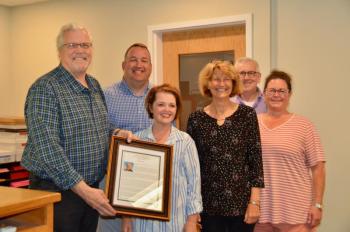Richard Remsen with Rockport Town Manager Jon Duke and Select Board members Michelle Hannan, Denise Munger, Michael Thompson and Kim Graffam. (Photo by Lynda Clancy) c