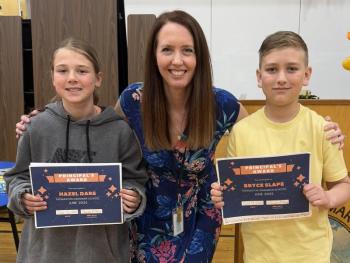 Principal Award winners Haze Dare and Bryce Slape with Principal Ainslee Riley. (Photo courtesy Thomaston Grammar School)