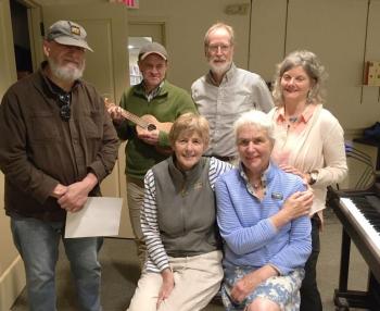 Left to right, the songwriters are Peter Saladino, Frank Boscoe, Ken Gross, and Carol Graff; and in the front row, Ellen Berry and Liz Cunningham. (Photo courtesy Ken Gross) 
