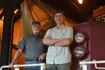 Larry Goldman (L) and Finn Kelly operate Cumberland and Knox Railroad out of Rockland's historic Roundhouse. (Photo by Sarah Thompson)