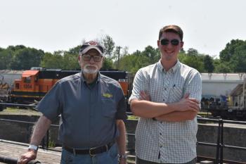 Larry Goldman (L) and Finn Kelly operate Cumberland and Knox Railroad out of Rockland's historic Roundhouse. (Photo by Sarah Thompson)