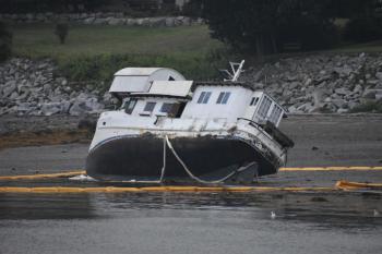 The vessel "Endeavor" ran aground at Snow's Cove on the beach in front of Mid-Coast School of Technology. (Photo by Sarah Thompson)