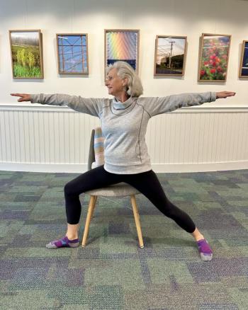 Lynn Rutter practices Chair Yoga at Rockport Public Library. (Photo courtesy Rockport Public Library)