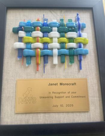 Janet Morecraft's award. (Photo courtesy PAWS Animal Adoption Center)