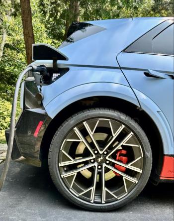 The IQ5N has wheel flares and other special bodywork, but it is as short-coupled and space-efficient as its non-berserker Ioniq 5 siblings. Note the cool door handles, which pop out when the car is unlocked. The 21-inch wheels, low-profile Pirelli P Zero tires, hefty brakes and track-ready suspension beg for hard cornering.  