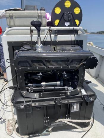 The Deep Trekker Pivot Remotely Operated Vehicle, purchased with a grant from the Maine Aquaculture Innovation Center, has significantly streamlined DMR's evaluation of aquaculture lease applications. (Photo courtesy Department of Marine Resources Aquaculture Division)