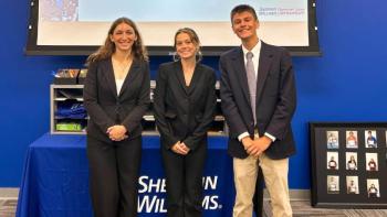 Maine Business School student Connor Daigle (right) and his teammates, Paige Martin (center) and Gracie Coker (left), won the Sherwin-Williams’ Eastern Division Internship Competition with a chatbot service they designed for the company. (Photo courtesy Connor Daigle)