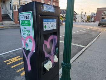 The newly installed paid parking kiosks in downtown Camden were defaced sometime during the night and early morning of Sept. 7-8. Police are investigating. "It is a weak attempt of a person trying to 'protest' or complain of the audacity of a town's authority to charge money for convenient parking spots," said resident Peter Lindquist, who took photos of two of the kiosks. "A first world problem.... Welcome to Camden." (Photo courtesy Peter Lindquist) The newly installed paid parking kiosks in downtown Camden were defaced sometime during the night and early morning of Sept. 7-8. Police are investigating. (Photo courtesy Peter Lindquist)