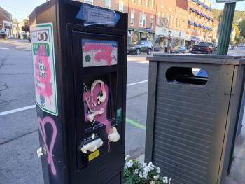 Vandals targeted Camden's new paid parking kiosks Sept. 7-8. (Photo courtesy Peter Lindquist) The newly installed paid parking kiosks in downtown Camden were defaced sometime during the night and early morning of Sept. 7-8. Police are investigating. (Photo courtesy Peter Lindquist)