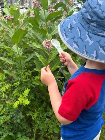 A toddler looks at a flower through a magnifying glass