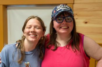 (Now) In July, with help from Mia Winslow of Belfast (L), Addie Bowden of Augusta (R) recreated a special photo of herself at Pine Tree Camp with her very first friend. (Photo courtesy Pine Tree Camp) (Now) In July, with help from Mia Winslow of Belfast (L), Addie Bowden of Augusta (R) recreated a special photo of herself at Pine Tree Camp with her very first friend. (Photo courtesy Pine Tree Camp)