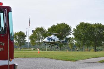 LifeFlight of Maine takes off from the playing fields at Thomaston Green with a patient involved in a motor vehicle crash, Sept. 10, 2025. (Photo by Sarah Thompson)