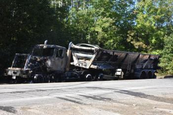 Tractor trailer truck at approximately 2:30 p.m., after all flames are extinguished. (Photo by Sarah Thompson)