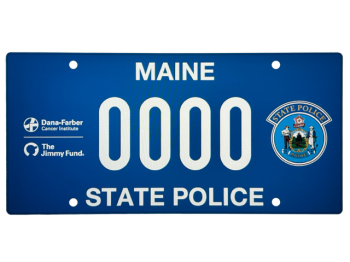 Commemorative license plates will be mounted to Maine State Police cruisers in support of Dana Farber and Jimmy Fund from Sept. 1 - 14, 2025. (Photo courtesy Maine Dept. of Public Safety)