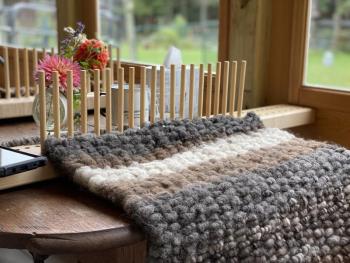 Weaving on a peg loom at Cape Newagen Alpaca Farm. (Photo courtesy Rockport Public Library)