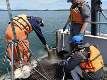 Sediment Sampling: The research team extracted a sediment core from below a commercial kelp farm aboard the Darling Marine Center’s research vessel Ira C in 2022. Samuel Tan photo 