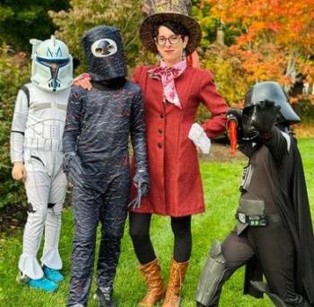 Stephanie Curcione and students in costume. (Photo courtesy Rockport Public Library)