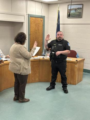 February 24, 2025, Eric Quatrano is sworn in as a patrol officer for Thomaston, Maine. (Thomaston Police Dept. Facebook photo)