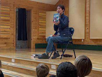 Tess Gerritsen on the Riley School stage. (Photo by Annie Hasselgren)