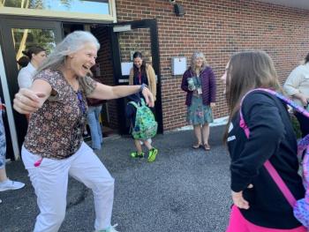 Susan Johns’ photo of Wiscasset Elementary School fourth grade teacher Becky Hallowell greeting incoming fifth grader Patience Davis on the first day of school Sept. 3, 2024 took first place for People Photo, Weekly 2 division of the 2025 Maine Press Association Better Newspaper Contest. File photo SUSAN JOHNS/Wiscasset Newspaper