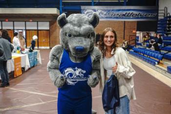 (Photo courtesy Southern Maine Community College) Female poses with school mascot