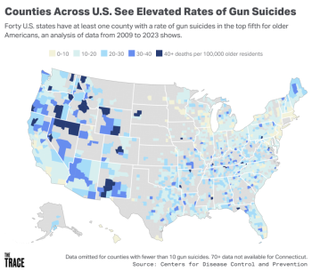 map of suicide rates by counties across the US.