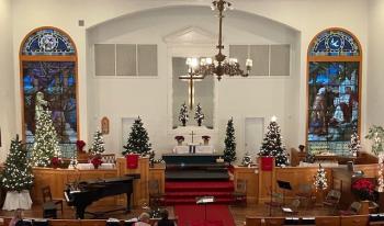 Church setting decorated for Christmas