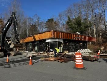 The former Key Bank came down this past week at Hannaford Plaza. (Photo by Lynda Clancy)