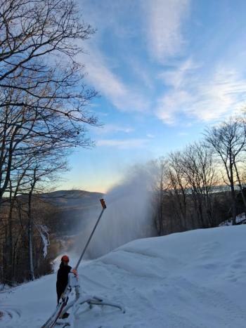 Snowmaking at closer to the top of Ragged Mountain at the Camden Snow Bowl, Dec. 12. (Photo courtesy Camden Snow Bowl/Grace McMullin)