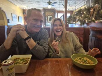 Bill Boyle and Ali Farrell enjoying lunch and taking notes at Darbys Restaurant in Belfast. Photo by Kay Stephens