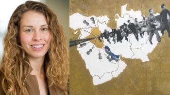 Two panel image: woman to left